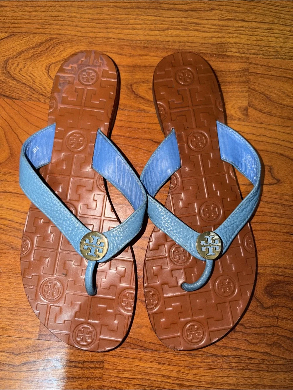 Tory Burch Light Blue Leather Logo Flip Flops